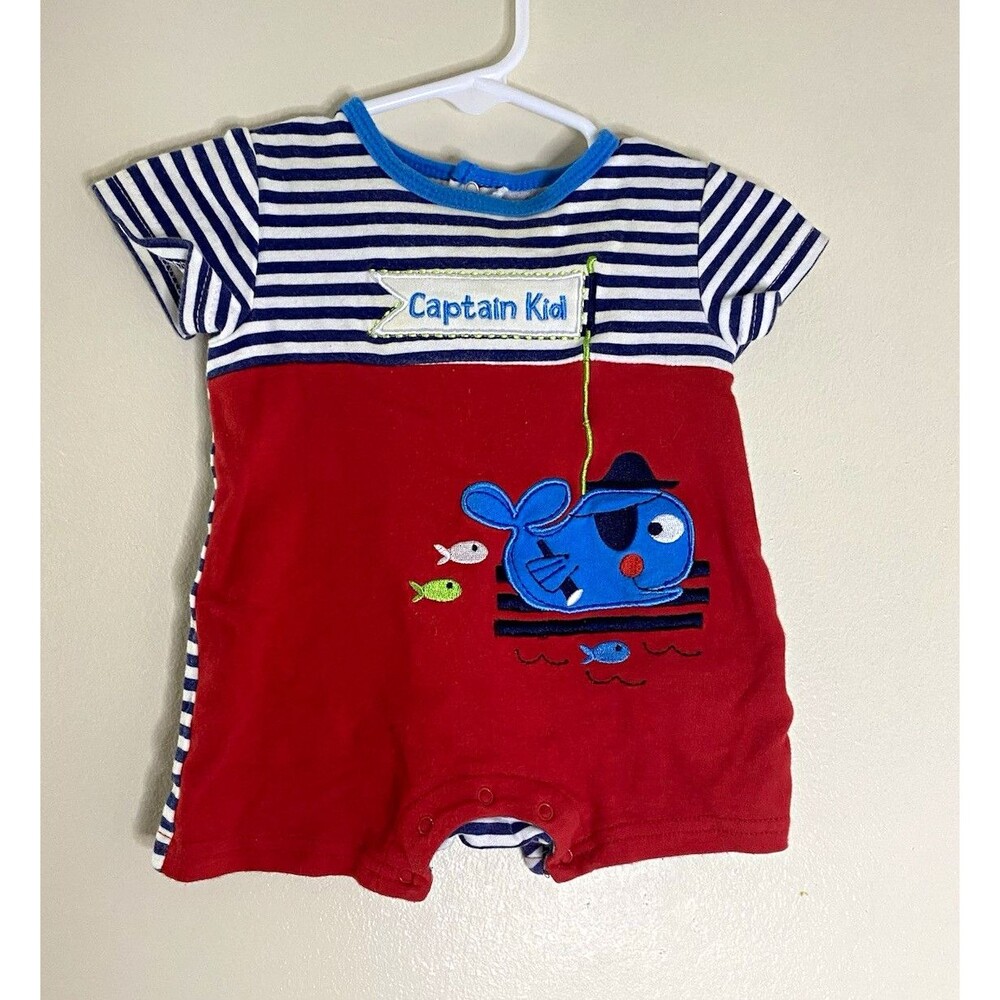 Buster Brown Captain Kid Nautical Striped Knit Cotton Romper Snap 0-3M